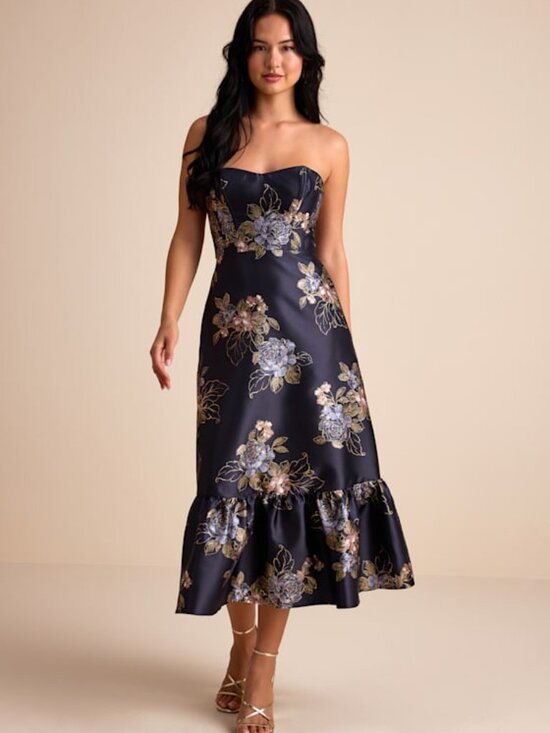Lulus Dresses & Skirts - Lulus Yashelle Navy Floral Taffeta Strapless Tiered Corset Midi Dress Blue